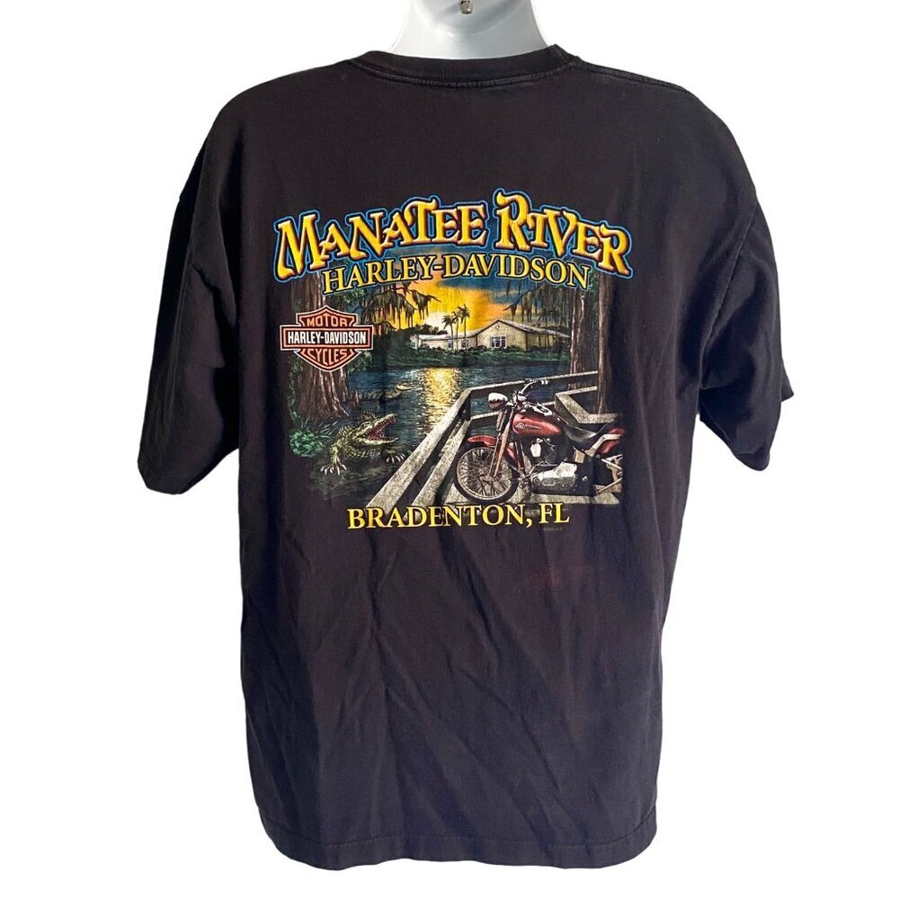 Vintage Harley Davidson Black Graphic Tee Manatee River Bradenton FL Men's XL